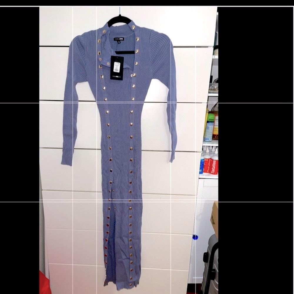 Blue sweater dress with gold buttons